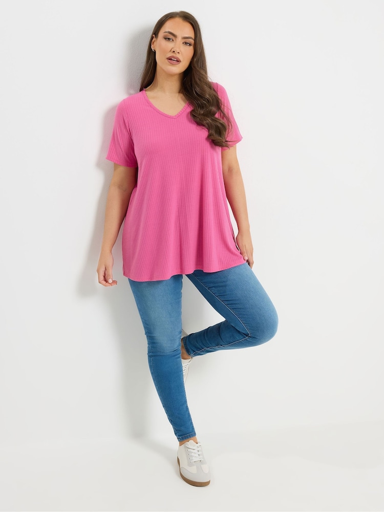 Yours Curve Pink V-Neck Ribbed Swing T-Shirt - Image 2 of 4