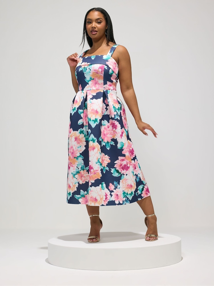 Yours Curve Blue London Floral Fold Over Skater Dress - Image 1 of 5