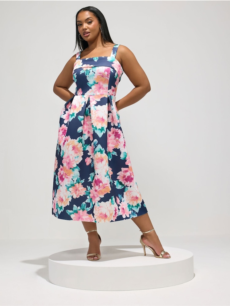 Yours Curve Blue London Floral Fold Over Skater Dress - Image 2 of 5