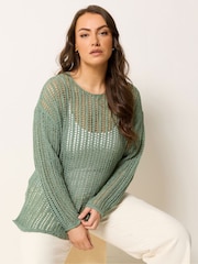 Yours Curve Green Tape Yarn Open Stitch Throw On Jumper - Image 1 of 5