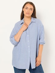 Yours Curve Blue Long Sleeve Linen Blend Striped Shirt - Image 1 of 5