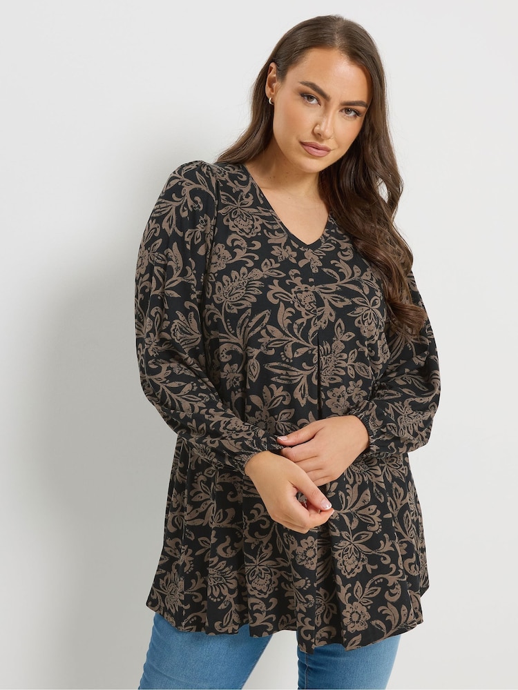 Yours Curve Brown Long Sleeve Pleated Balloon Tunics - Image 1 of 5