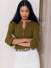 Lipsy Olive Green Cable Knit Button Detail Jumper - Image 1 of 6