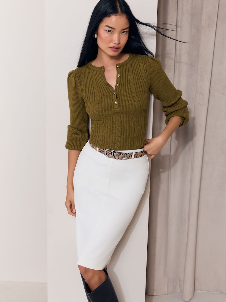 Lipsy Olive Green Cable Knit Button Detail Jumper - Image 2 of 6 Lipsy Olive Green Cable Knit Button Detail Jumper - Image 2 of 6