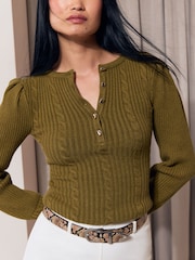 Lipsy Olive Green Cable Knit Button Detail Jumper - Image 4 of 6