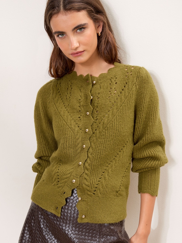 Verde oliva - Lipsy Pointelle Knitted Cardigan - Imagen 2 de 5