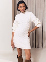 Lipsy Cream Cable Knit Funnel Neck Mini Dress - Image 1 of 5
