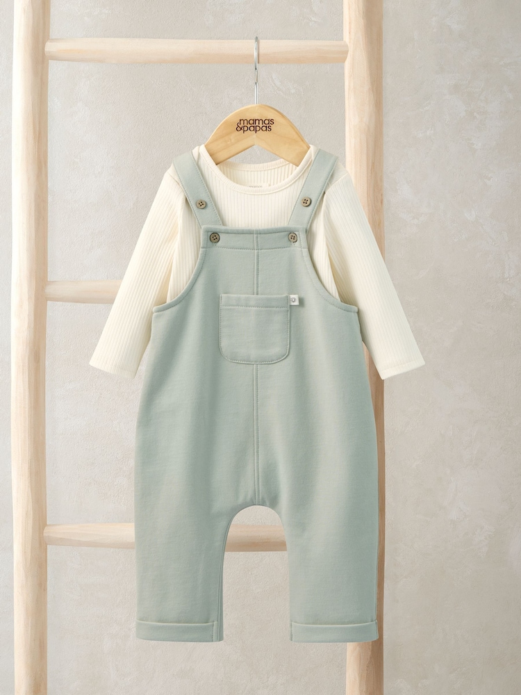Mamas & Papas Green Sweat Dungaree & Bodysuit Set - Image 1 of 5