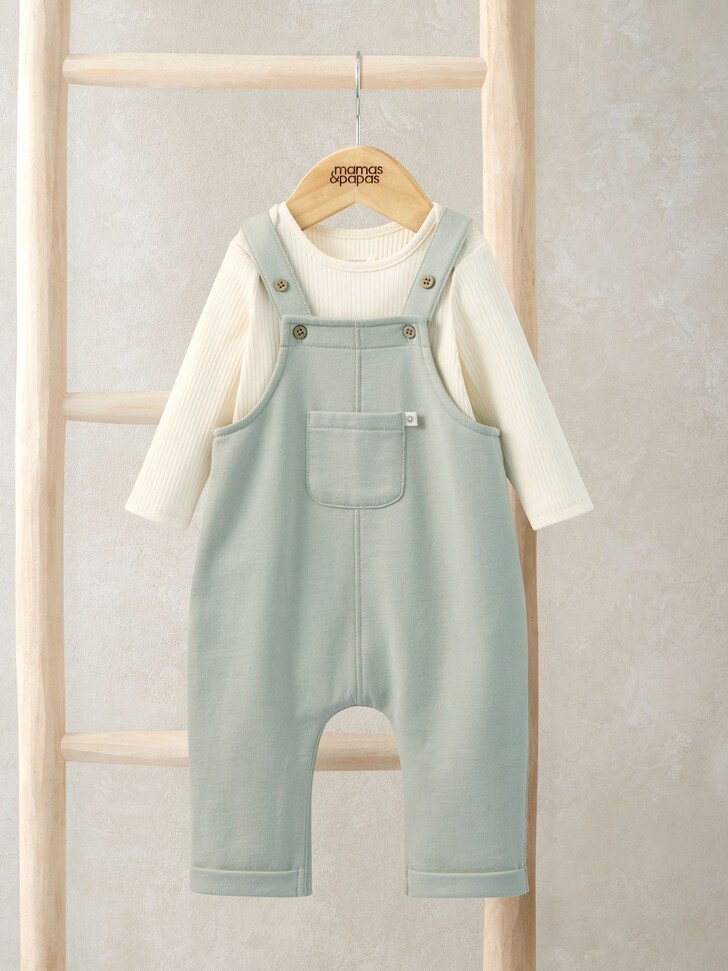 Mamas & Papas Green Sweat Dungaree & Bodysuit Set