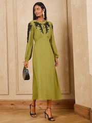 Love & Roses Lime Green Embellished Tie Cuff Midi Dress - Image 1 of 5