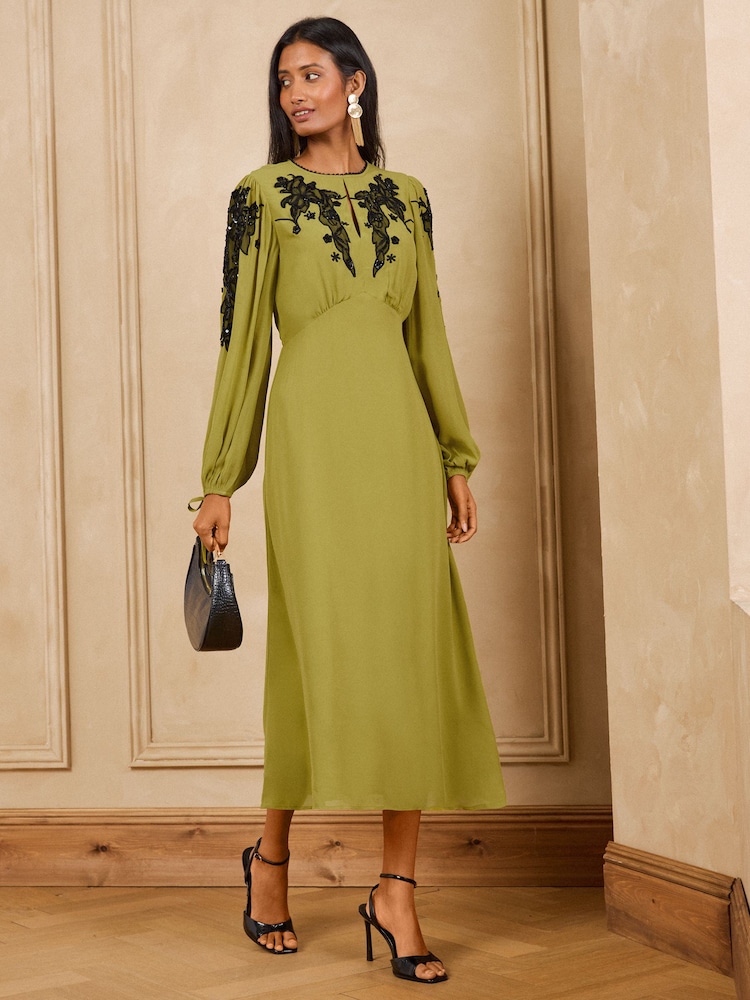 Love & Roses Lime Green Embellished Tie Cuff Midi Dress - Image 1 of 5 Love & Roses Lime Green Embellished Tie Cuff Midi Dress - Image 1 of 5