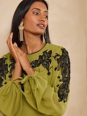 Love & Roses Lime Green Embellished Tie Cuff Midi Dress - Image 2 of 5
