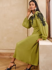 Love & Roses Lime Green Embellished Tie Cuff Midi Dress - Image 3 of 5