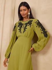Love & Roses Lime Green Embellished Tie Cuff Midi Dress - Image 4 of 5