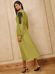 Love & Roses Lime Green Embellished Tie Cuff Midi Dress - Image 5 of 5