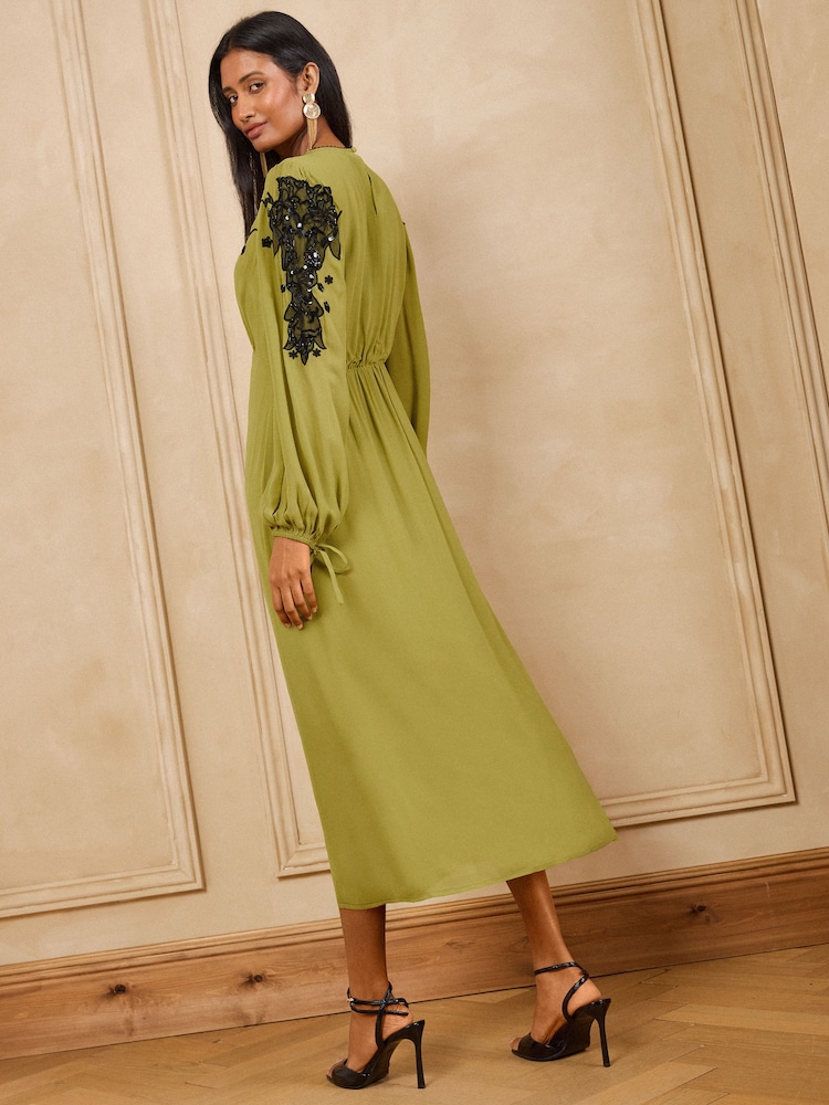 Love & Roses Lime Green Embellished Tie Cuff Midi Dress - Image 5 of 5 Love & Roses Lime Green Embellished Tie Cuff Midi Dress - Image 5 of 5