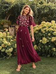 Love & Roses Burgundy Red Embroidered Angel Sleeve Maxi Dress - Image 1 of 4
