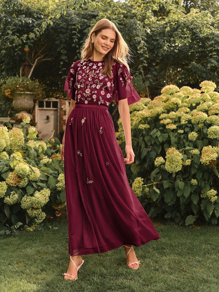 Love & Roses Burgundy Red Embroidered Angel Sleeve Maxi Dress - Image 1 of 4 Love & Roses Burgundy Red Embroidered Angel Sleeve Maxi Dress - Image 1 of 4