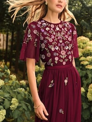 Love & Roses Burgundy Red Embroidered Angel Sleeve Maxi Dress - Image 2 of 4