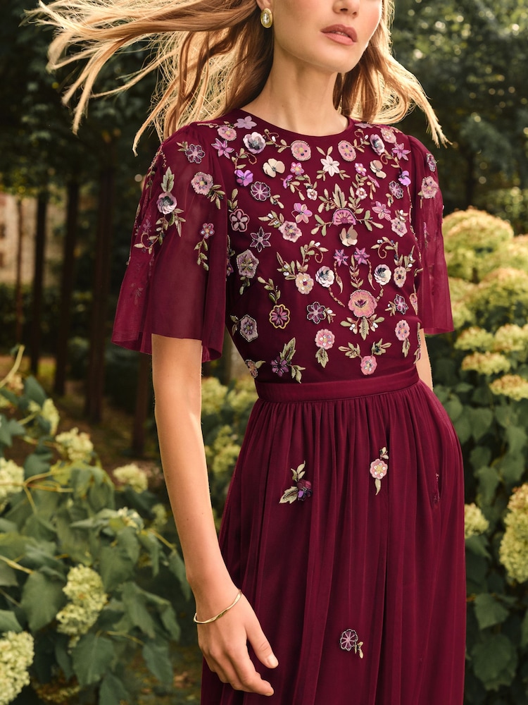 Love & Roses Burgundy Red Embroidered Angel Sleeve Maxi Dress - Image 2 of 4 Love & Roses Burgundy Red Embroidered Angel Sleeve Maxi Dress - Image 2 of 4