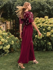 Love & Roses Burgundy Red Embroidered Angel Sleeve Maxi Dress - Image 3 of 4