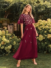 Love & Roses Burgundy Red Embroidered Angel Sleeve Maxi Dress - Image 4 of 4