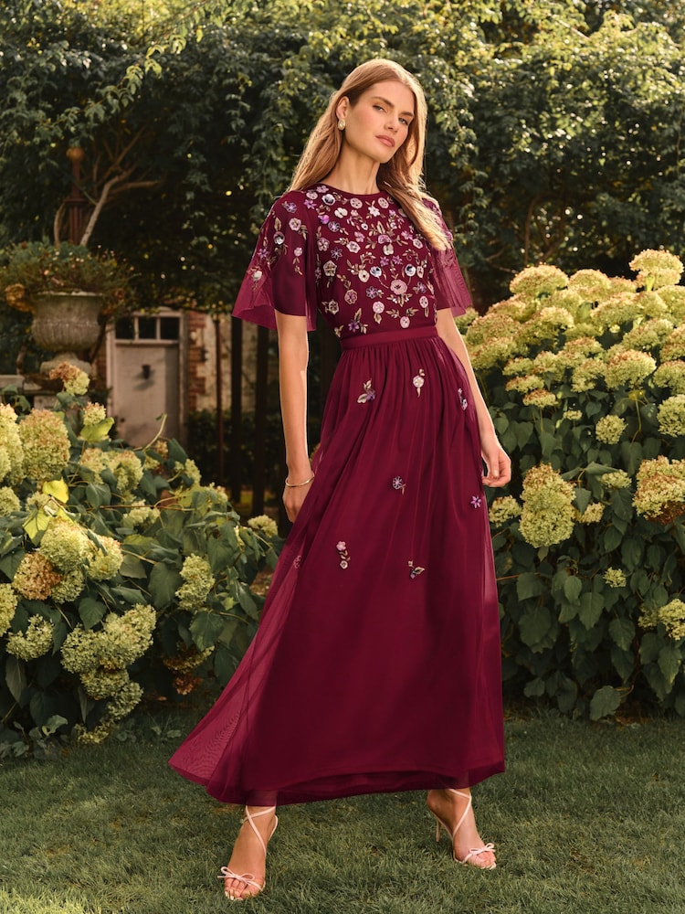 Love & Roses Burgundy Red Embroidered Angel Sleeve Maxi Dress - Image 4 of 4 Love & Roses Burgundy Red Embroidered Angel Sleeve Maxi Dress - Image 4 of 4