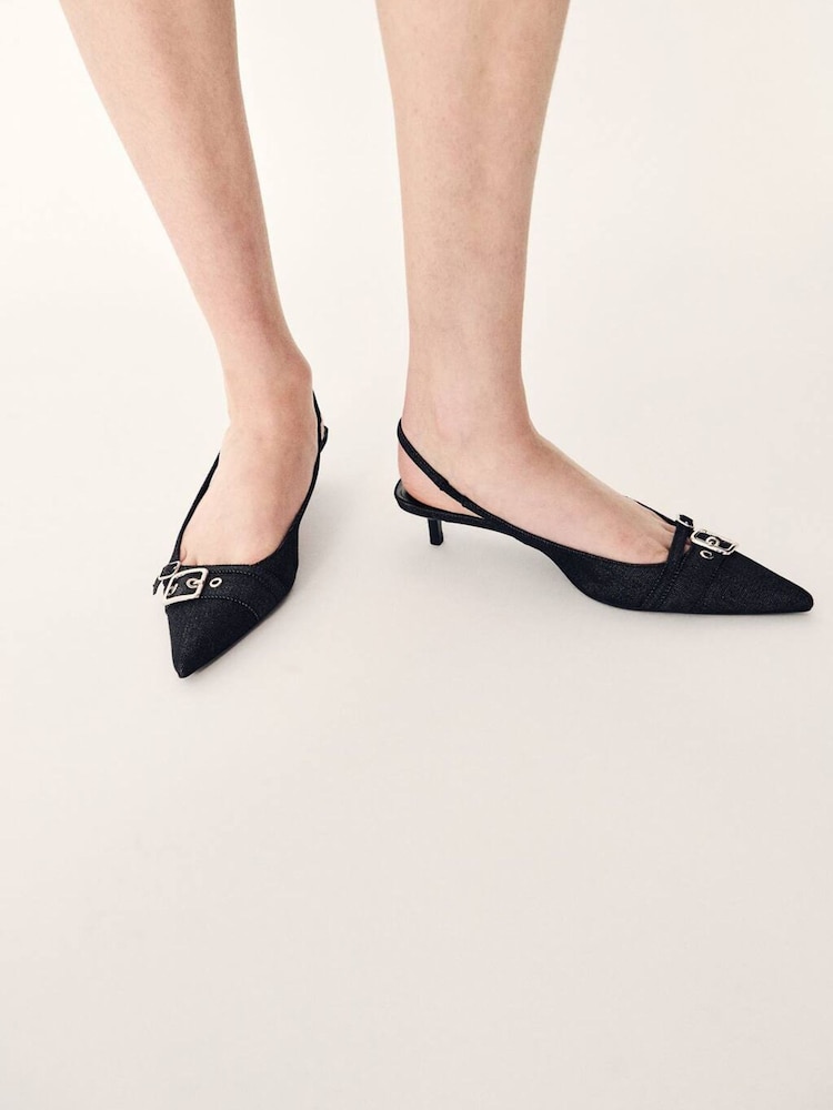 Mango Black Buckle Detail Slingback Kitten Heels - Image 1 of 4 Mango Black Buckle Detail Slingback Kitten Heels - Image 1 of 4