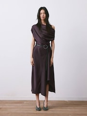 Mango Brown Asymmetric Drape Satin Maxi Dress - Image 1 of 4