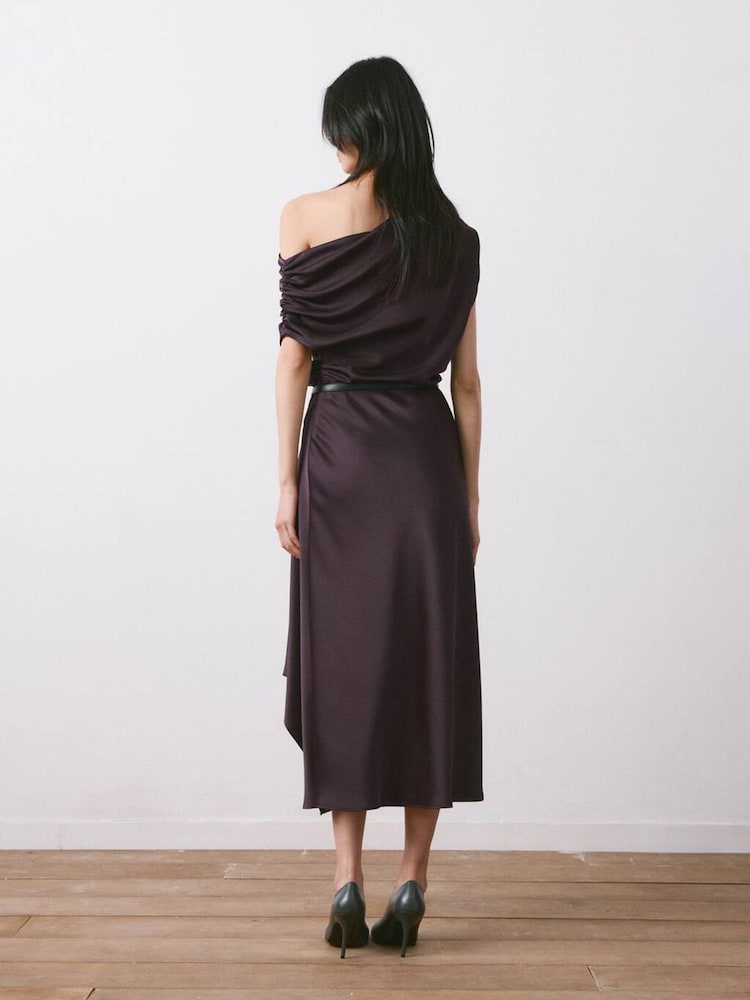 Mango Brown Asymmetric Drape Satin Maxi Dress - Image 2 of 4