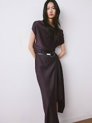 Mango Brown Asymmetric Drape Satin Maxi Dress - Image 3 of 4