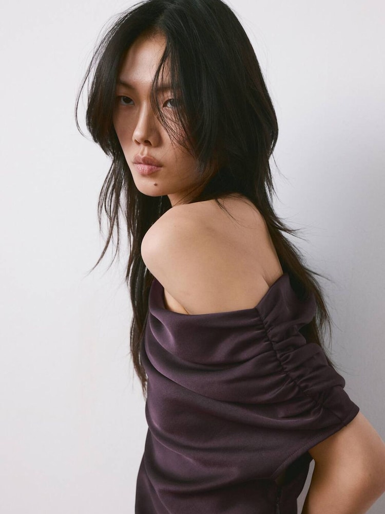 Mango Brown Asymmetric Drape Satin Maxi Dress - Image 4 of 4