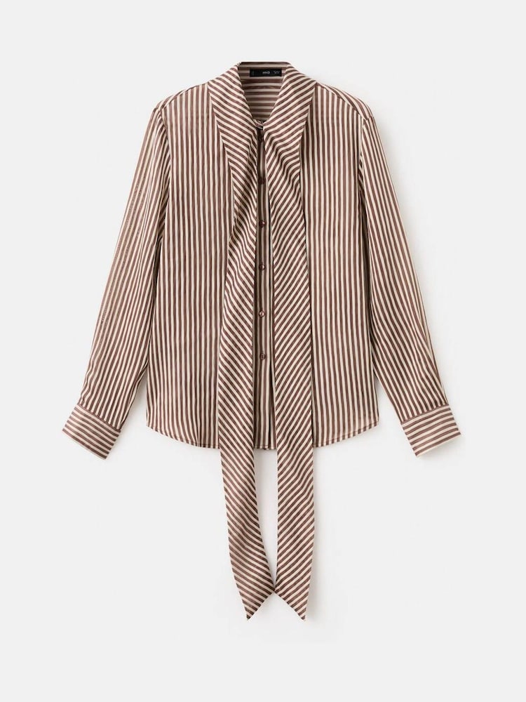 Mango Brown Tie Neck Stripe Long Sleeve Shirt - Image 1 of 2 Mango Brown Tie Neck Stripe Long Sleeve Shirt - Image 1 of 2