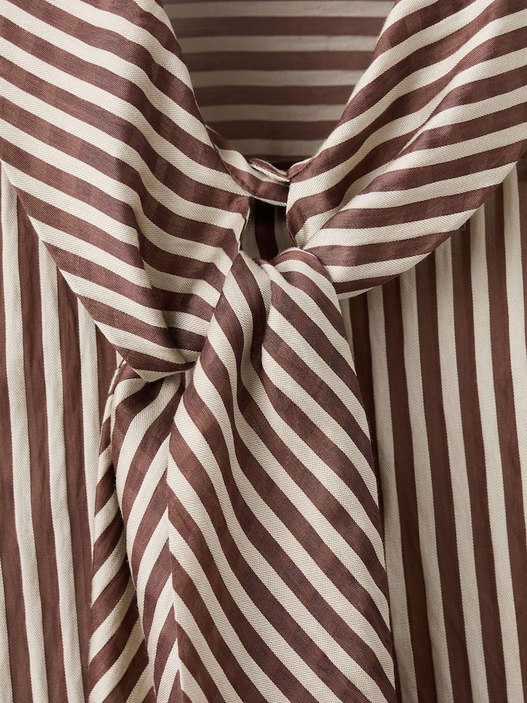 Mango Brown Tie Neck Stripe Long Sleeve Shirt - Image 2 of 2 Mango Brown Tie Neck Stripe Long Sleeve Shirt - Image 2 of 2