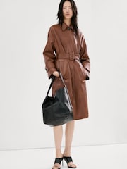 Mango Brown Faux Leather Belted Trench Coat - Image 1 of 7