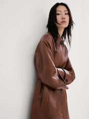 Mango Brown Faux Leather Belted Trench Coat - Image 2 of 7