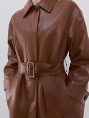 Mango Brown Faux Leather Belted Trench Coat - Image 4 of 7