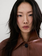 Mango Brown Faux Leather Belted Trench Coat - Image 5 of 7