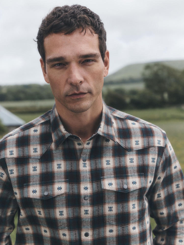 Ecru Brown Navajo Check Long Sleeve Shirt - Image 1 of 8 Ecru Brown Navajo Check Long Sleeve Shirt - Image 1 of 8