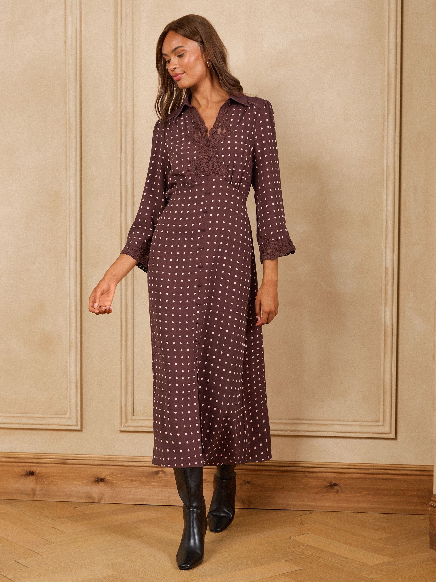 Buy Love & Roses Chocolate Polka Dot Lace Trim Collared Midi Dress