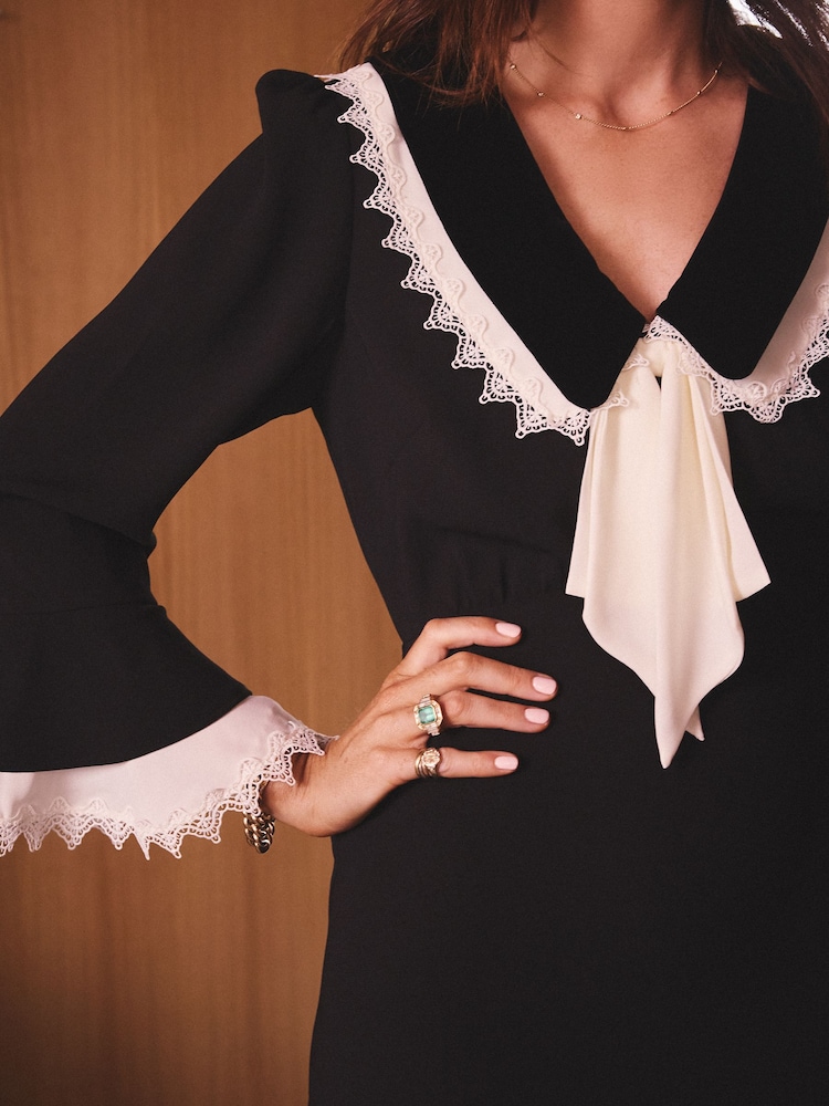 Love & Roses x Binky Monochrome  Lace Collared Tie Front Mini Shift Dress - Image 2 of 5