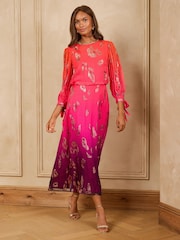 Love & Roses Pink Animal Metallic Ombre Tie Cuff Midi Dress - Image 1 of 5