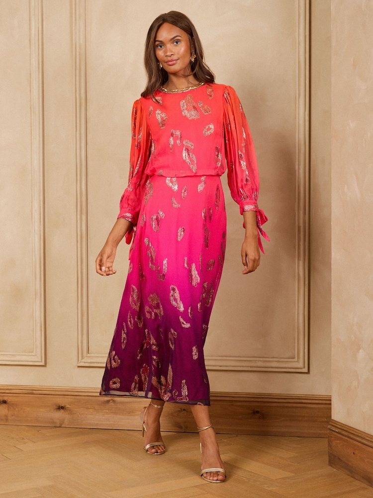 Love & Roses Pink Animal Metallic Ombre Tie Cuff Midi Dress - Image 1 of 5 Love & Roses Pink Animal Metallic Ombre Tie Cuff Midi Dress - Image 1 of 5
