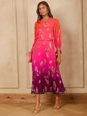 Love & Roses Pink Animal Metallic Ombre Tie Cuff Midi Dress - Image 3 of 5