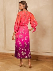 Love & Roses Pink Animal Metallic Ombre Tie Cuff Midi Dress - Image 4 of 5