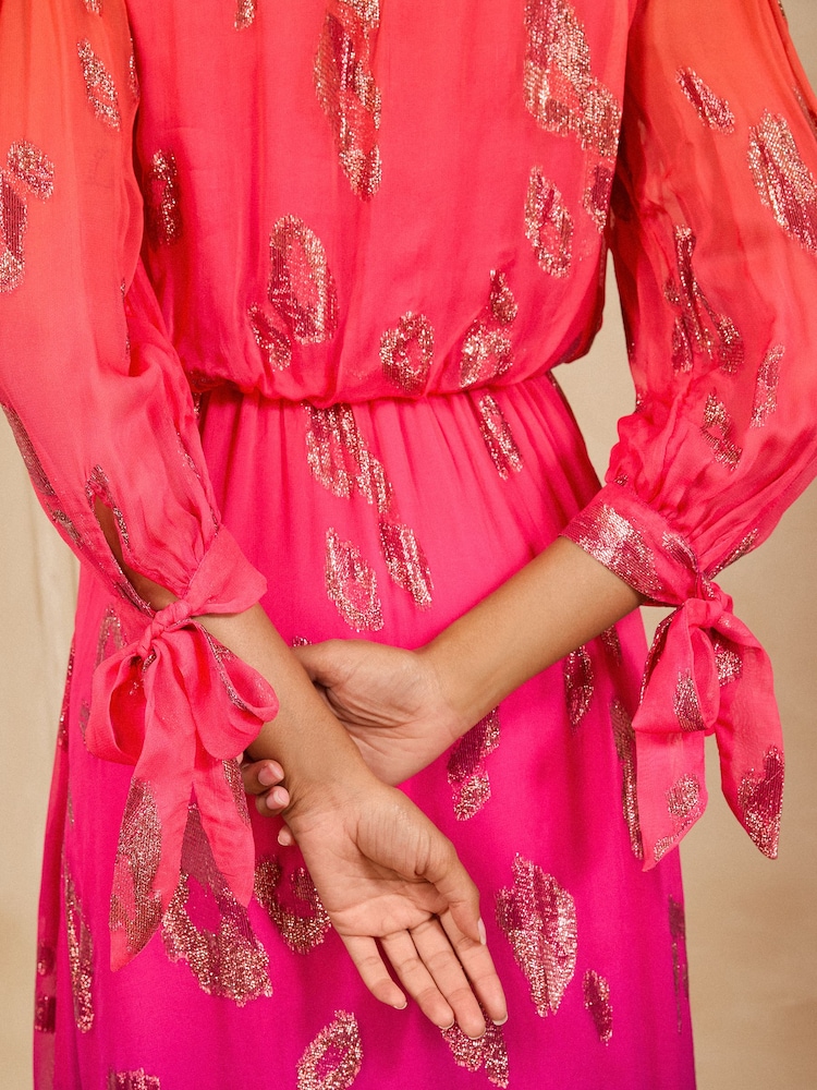 Love & Roses Pink Animal Metallic Ombre Tie Cuff Midi Dress - Image 5 of 5 Love & Roses Pink Animal Metallic Ombre Tie Cuff Midi Dress - Image 5 of 5