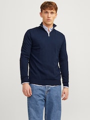 JACK & JONES Blue Half Zip High Neck Jumper - Image 1 of 5