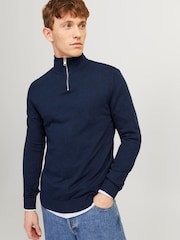 JACK & JONES Blue Half Zip High Neck Jumper - Image 3 of 5