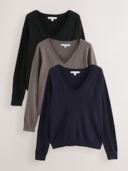 Neutral/Black Cotton Rich Soft Touch V-Neck Jumpers 3 Pack - Image 1 of 10