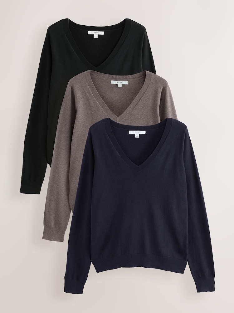 Neutral/Black Cotton Rich Soft Touch V-Neck Jumpers 3 Pack - Image 1 of 10